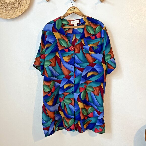 vintage Tops - Vtg Christie & Jill crinkle abstract print short‎ sleeve poly tunic blouse XL